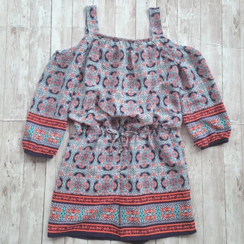 My Michelle Girls Off The Shoulder Boho Print Blue Romper Size XL 14